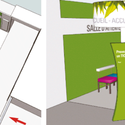 Plan en 3D de l'aménagement d'un espace d'accueil et d'une salle d'attente par Christelle Savary