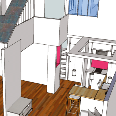 Plan en 3 dimensions de l'aménagement d'une petite cuisine par Pop UP Com, architecte d'intérieur à Nantes