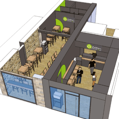 Plan 3 D d'aménagement d'un espace commercial de restauration par Pop Up Com
